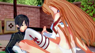 Kirito ලැබෙන blowjob සිට Asuna, පසුව පිස්සු හැදිලද ඇය වෙහෙස මහන්සි වී ඇඳ මත.